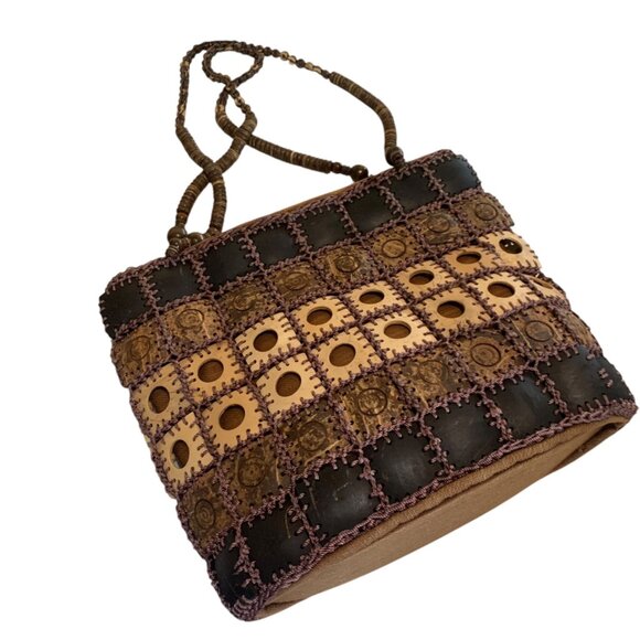 Handcrafted Boho Patchwork Shoulder Bag Beaded Straps & Unique Coconut Shells - Picture 5 of 9